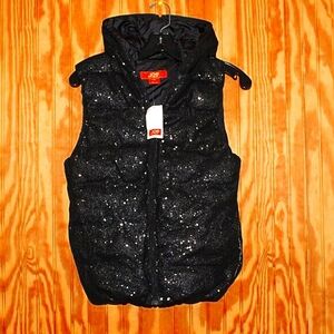 NWT Joe Fresh Black Sequin Puffer Vest with Hood - Size S